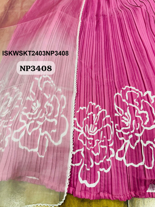 Digital Printed Crepe Skirt With Embroidered Crop Top With Ombre Organza Dupatta-ISKWSKT2403NP3408