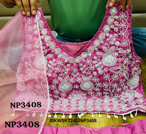 Digital Printed Crepe Skirt With Embroidered Crop Top With Ombre Organza Dupatta-ISKWSKT2403NP3408