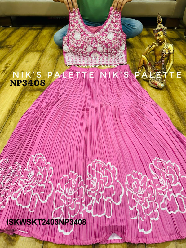 Digital Printed Crepe Skirt With Embroidered Crop Top With Ombre Organza Dupatta-ISKWSKT2403NP3408