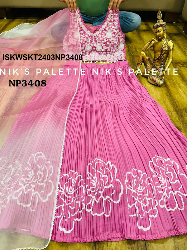 Digital Printed Crepe Skirt With Embroidered Crop Top With Ombre Organza Dupatta-ISKWSKT2403NP3408