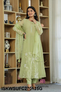 Embroidered Malmal Chanderi Flared Kurti With Silk Pant And Organza Dupatta-ISKWSUFC270125G