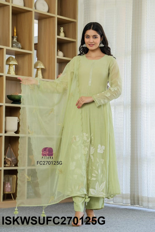 Embroidered Malmal Chanderi Flared Kurti With Silk Pant And Organza Dupatta-ISKWSUFC270125G
