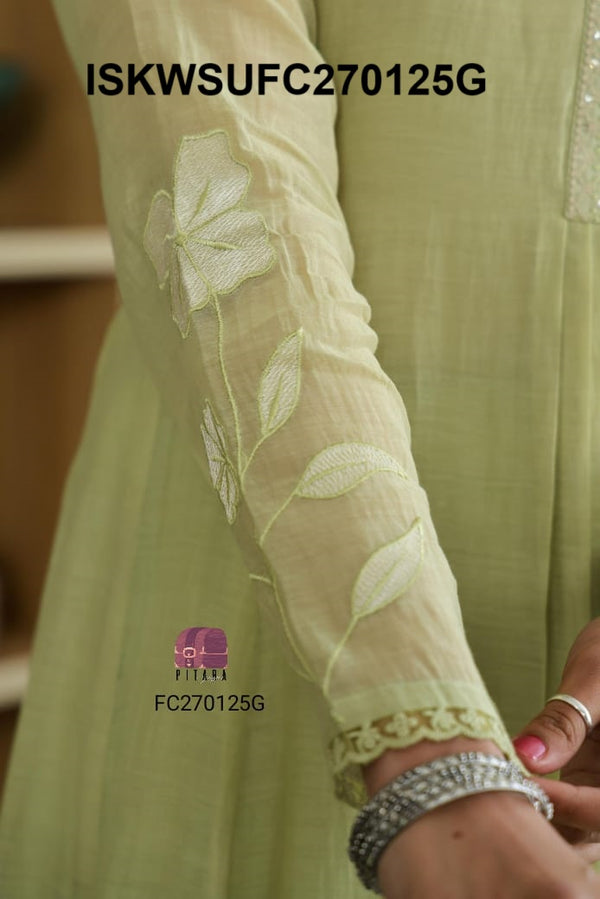 Embroidered Malmal Chanderi Flared Kurti With Silk Pant And Organza Dupatta-ISKWSUFC270125G