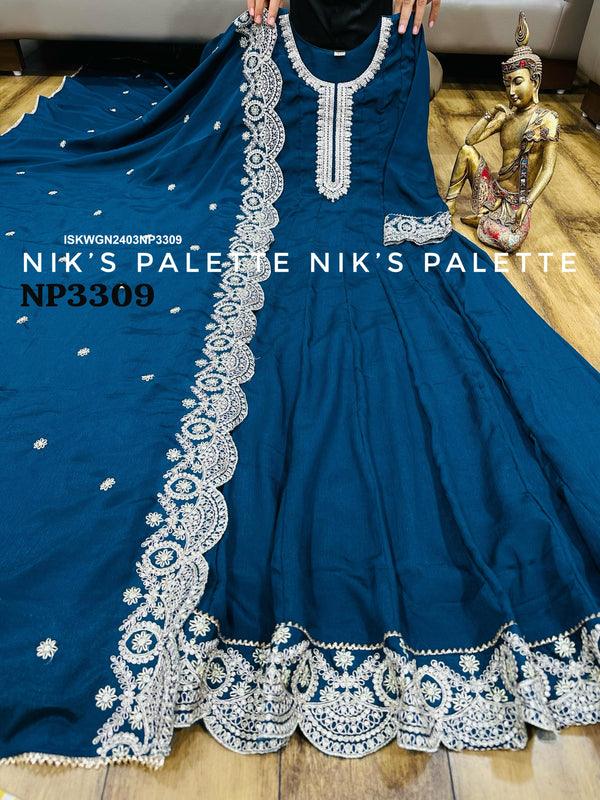 Embroidered Chinon Silk Gown With Dupatta-ISKWGN2403NP3309