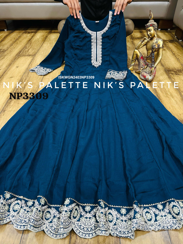 Embroidered Chinon Silk Gown With Dupatta-ISKWGN2403NP3309