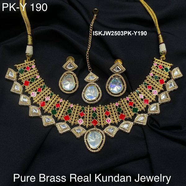 Pure Brass Real Kundan Necklace Set-ISKJW2503PK-Y190