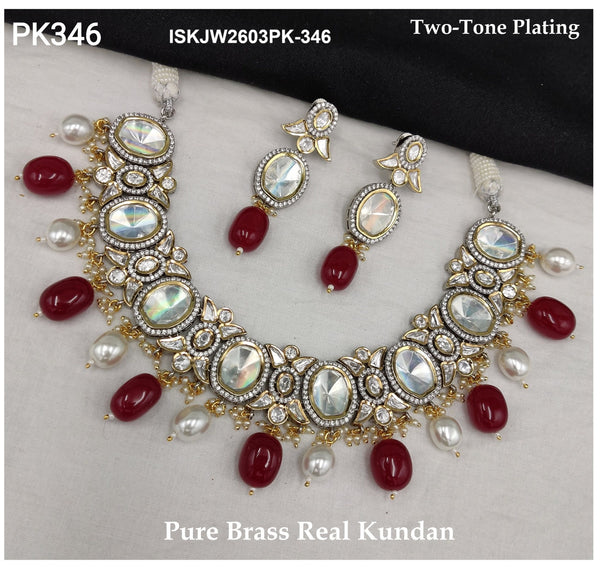 Pure Brass Real Kundan Jewelry Set-ISKJW2603PK-346