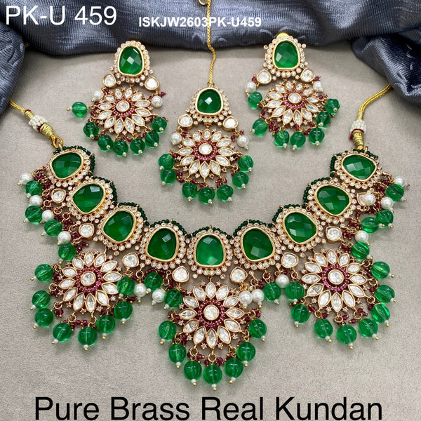 Pure Brass Real Kundan Jewelry Set-ISKJW2603PK-U459