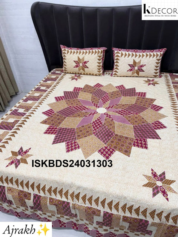 Ajrakh Printed Cotton Bedsheet Set-ISKBDS24031303