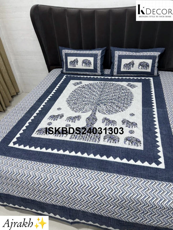 Ajrakh Printed Cotton Bedsheet Set-ISKBDS24031303