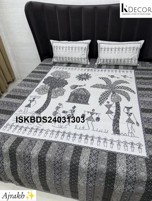 Ajrakh Printed Cotton Bedsheet Set-ISKBDS24031303