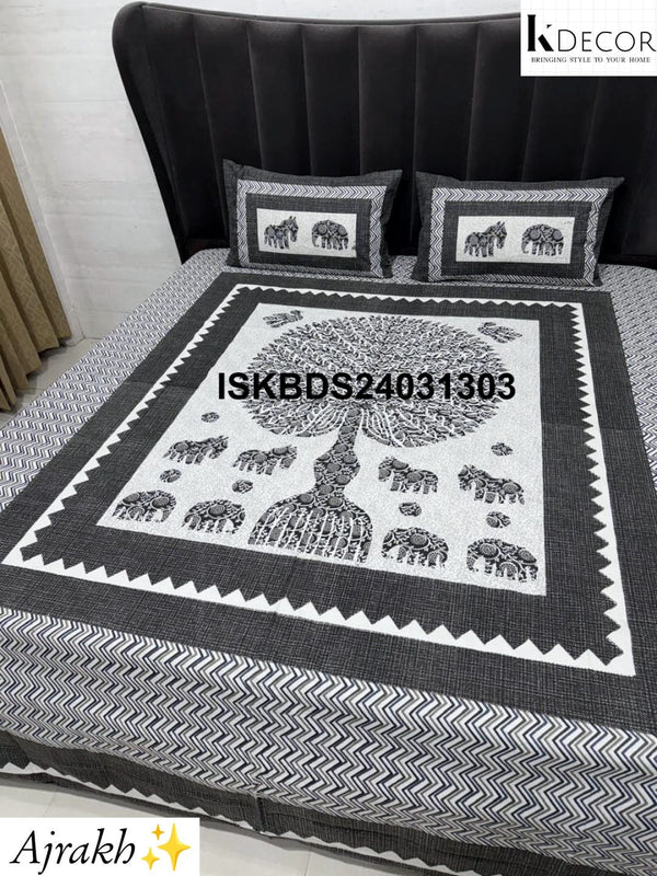 Ajrakh Printed Cotton Bedsheet Set-ISKBDS24031303
