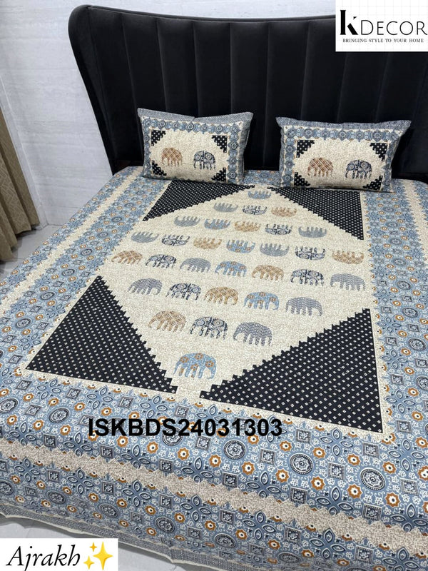 Ajrakh Printed Cotton Bedsheet Set-ISKBDS24031303