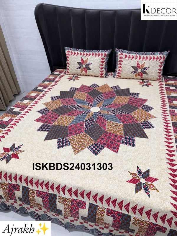 Ajrakh Printed Cotton Bedsheet Set-ISKBDS24031303