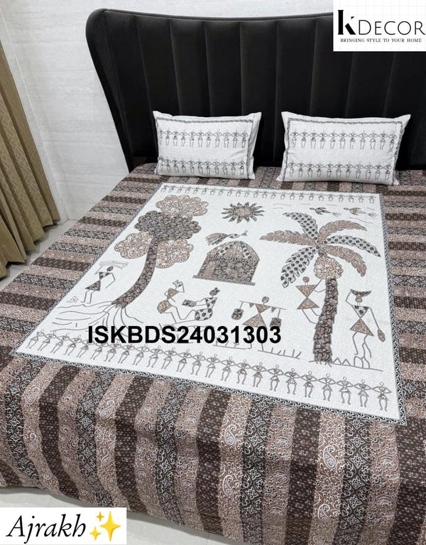 Ajrakh Printed Cotton Bedsheet Set-ISKBDS24031303