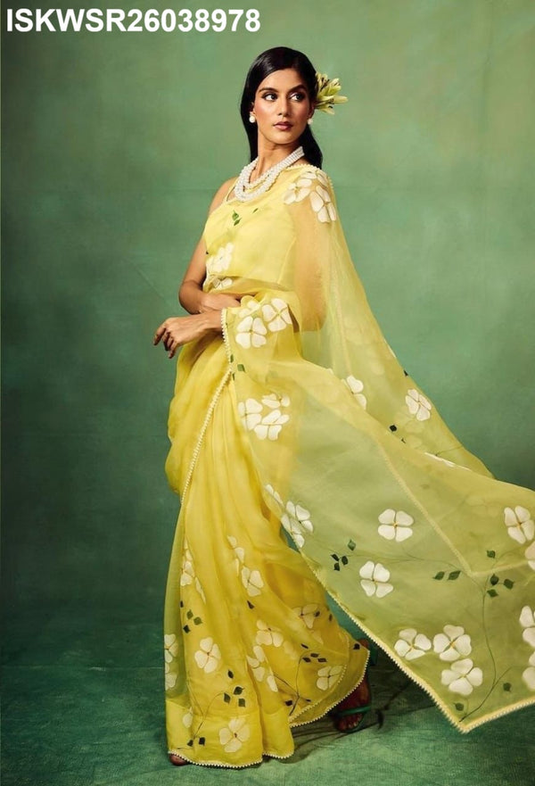 Hand Printed Organza Silk Saree With Upada Silk Blouse-ISKWSR26038978
