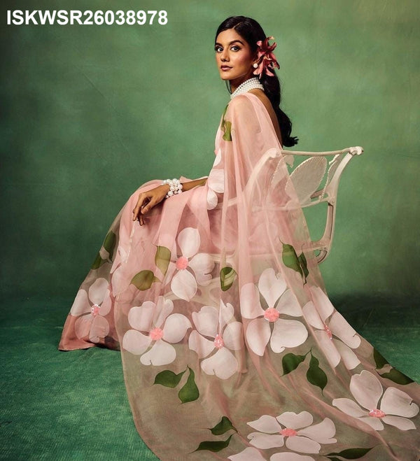 Hand Printed Organza Silk Saree With Upada Silk Blouse-ISKWSR26038978