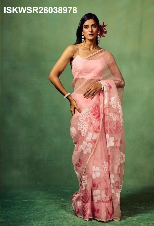 Hand Printed Organza Silk Saree With Upada Silk Blouse-ISKWSR26038978