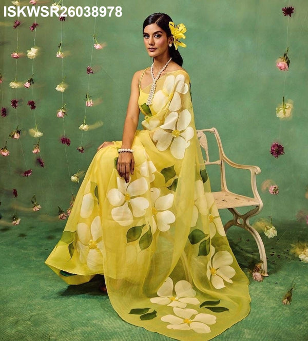 Hand Printed Organza Silk Saree With Upada Silk Blouse-ISKWSR26038978