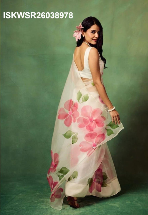 Hand Printed Organza Silk Saree With Upada Silk Blouse-ISKWSR26038978
