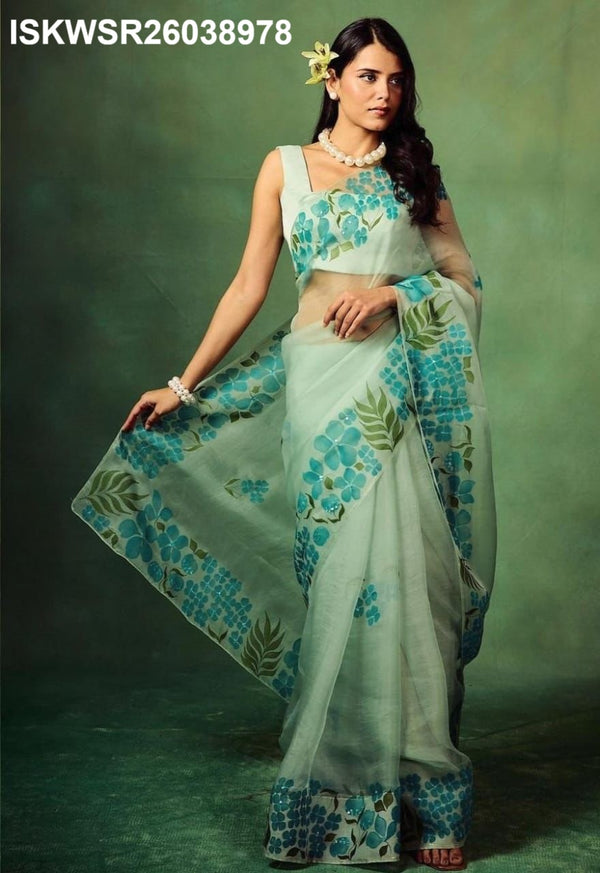 Hand Printed Organza Silk Saree With Upada Silk Blouse-ISKWSR26038978