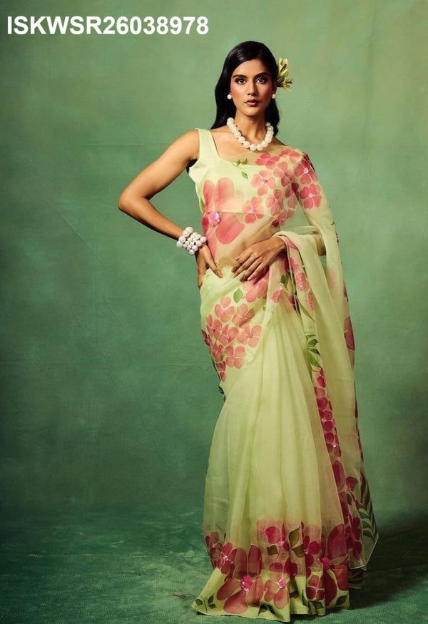 Hand Printed Organza Silk Saree With Upada Silk Blouse-ISKWSR26038978