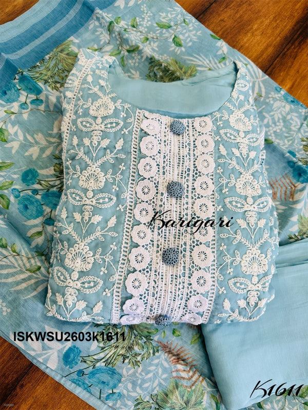 Embroidered Organza Anarkali Kurti With Maslin Pant And Printed Chanderi Dupatta-ISKWSU2703k1611