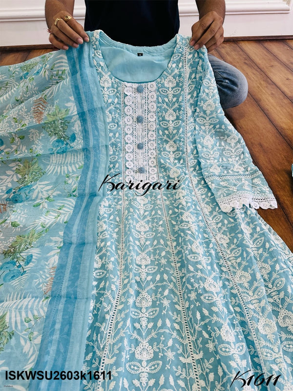 Embroidered Organza Anarkali Kurti With Maslin Pant And Printed Chanderi Dupatta-ISKWSU2703k1611