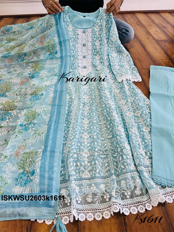 Embroidered Organza Anarkali Kurti With Maslin Pant And Printed Chanderi Dupatta-ISKWSU2703k1611