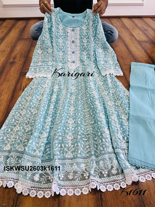 Embroidered Organza Anarkali Kurti With Maslin Pant And Printed Chanderi Dupatta-ISKWSU2703k1611