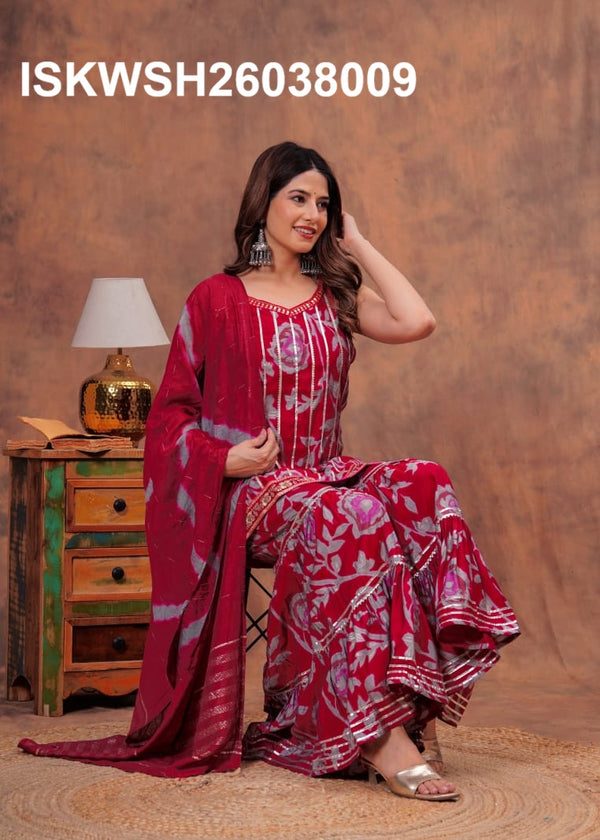 Digital Printed Maslin Kurti With Sharara And Tie And Dye Printed Chanderi Dupatta-ISKWSH26038009