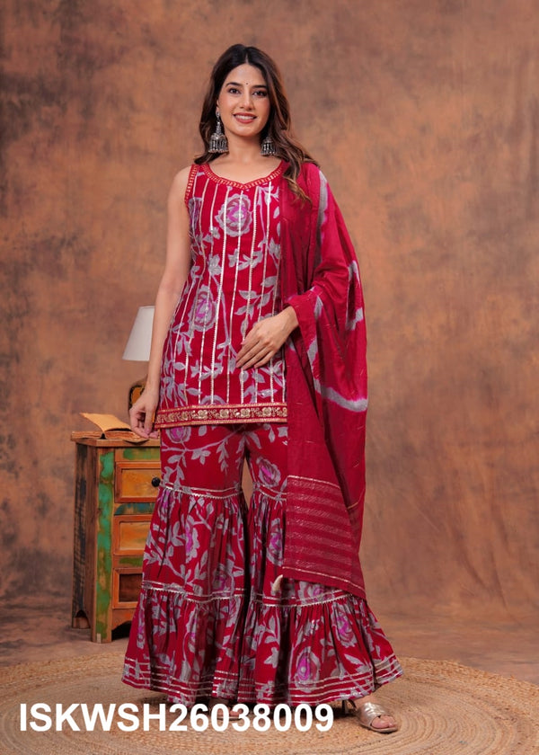 Digital Printed Maslin Kurti With Sharara And Tie And Dye Printed Chanderi Dupatta-ISKWSH26038009