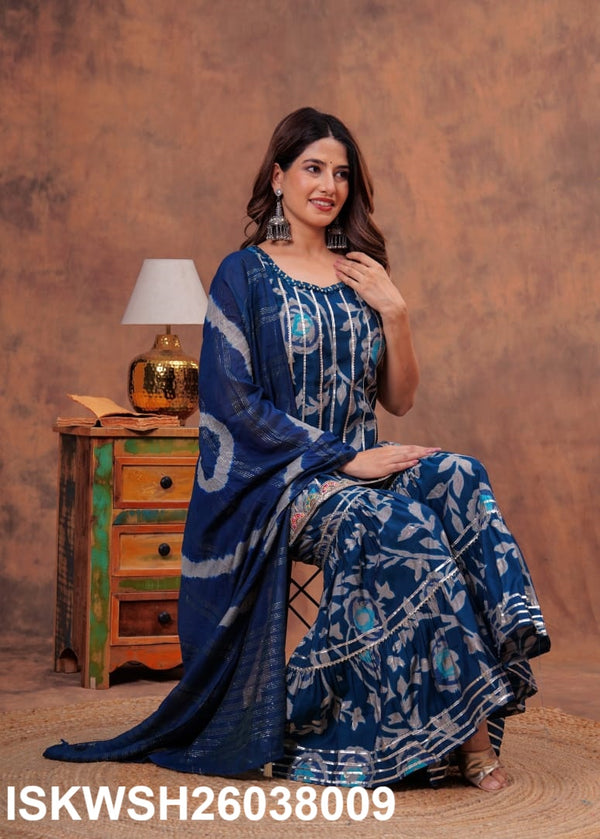 Digital Printed Maslin Kurti With Sharara And Tie And Dye Printed Chanderi Dupatta-ISKWSH26038009