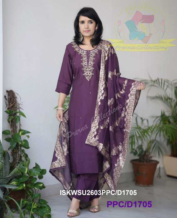 Embroidered Silk Kurti With Pant And Banarasi Weaved Dupatta-ISKWSU2603PPC/D1705