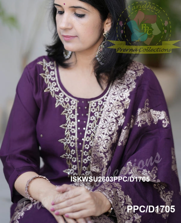 Embroidered Silk Kurti With Pant And Banarasi Weaved Dupatta-ISKWSU2603PPC/D1705