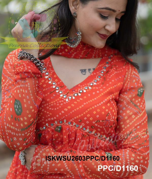 Bandhani Printed Chiffon Anarkali Kurti With Cotton Silk Pant And Dupatta-ISKWSU2603PPC/D1160