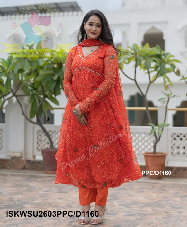 Bandhani Printed Chiffon Anarkali Kurti With Cotton Silk Pant And Dupatta-ISKWSU2603PPC/D1160