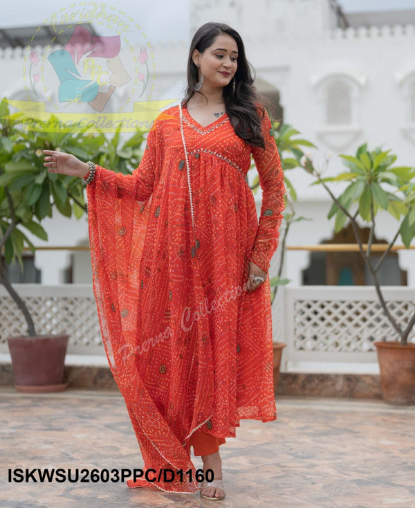 Bandhani Printed Chiffon Anarkali Kurti With Cotton Silk Pant And Dupatta-ISKWSU2603PPC/D1160