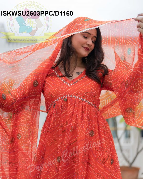 Bandhani Printed Chiffon Anarkali Kurti With Cotton Silk Pant And Dupatta-ISKWSU2603PPC/D1160