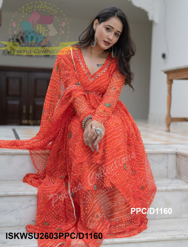 Bandhani Printed Chiffon Anarkali Kurti With Cotton Silk Pant And Dupatta-ISKWSU2603PPC/D1160