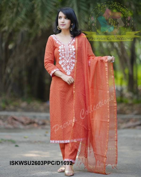 Embroidered Dobby Cotton Kurti With Pant And Kota Doriya Dupatta-ISKWSU2603PPC/D1692