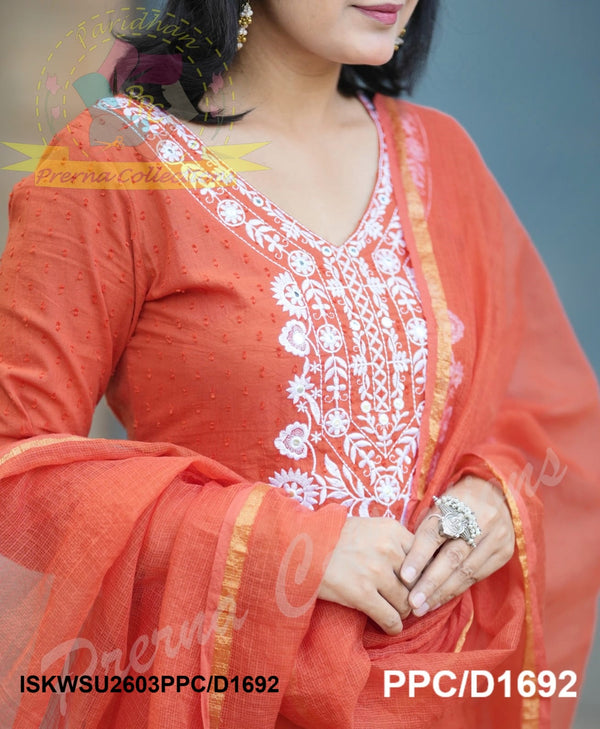 Embroidered Dobby Cotton Kurti With Pant And Kota Doriya Dupatta-ISKWSU2603PPC/D1692
