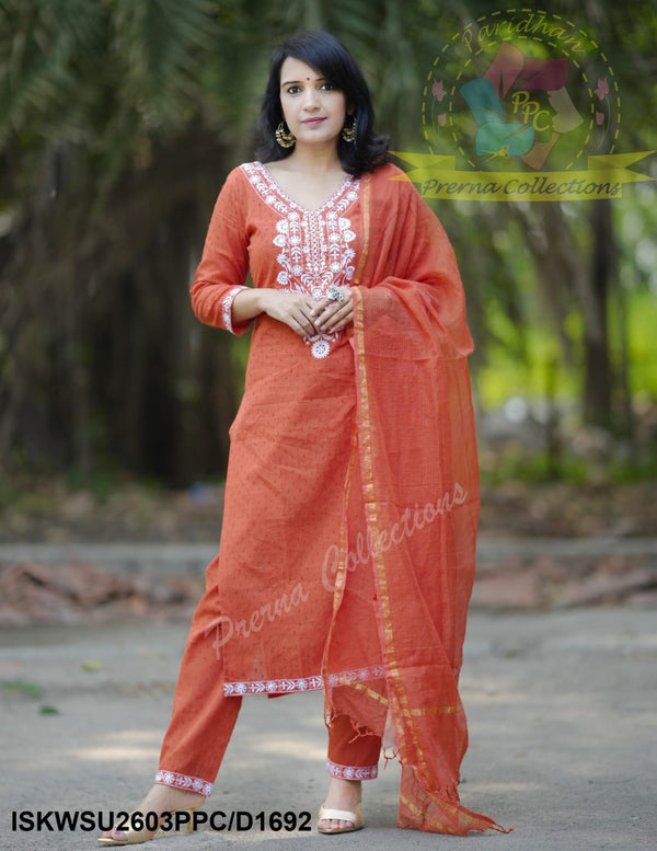 Embroidered Dobby Cotton Kurti With Pant And Kota Doriya Dupatta-ISKWSU2603PPC/D1692
