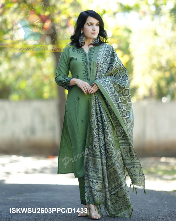 Embroidered Khadi Kurti With Pant And Digital Printed Dupatta-ISKWSU2603PPC/D1433