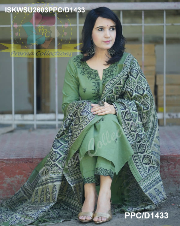 Embroidered Khadi Kurti With Pant And Digital Printed Dupatta-ISKWSU2603PPC/D1433
