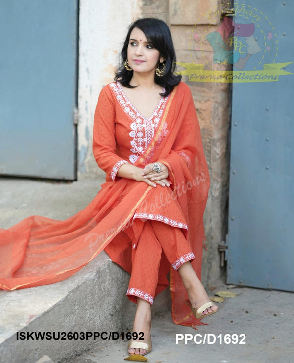 Embroidered Dobby Cotton Kurti With Pant And Kota Doriya Dupatta-ISKWSU2603PPC/D1692