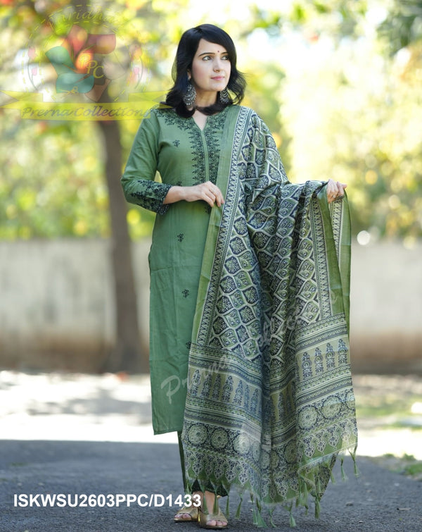 Embroidered Khadi Kurti With Pant And Digital Printed Dupatta-ISKWSU2603PPC/D1433
