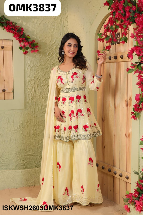 Embroidered Malmal Peplum Kurti With Sharara And Dupatta-ISKWSH2603OMK3837