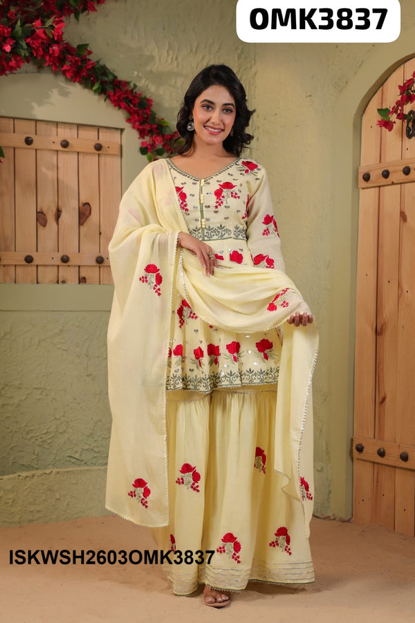 Embroidered Malmal Peplum Kurti With Sharara And Dupatta-ISKWSH2603OMK3837