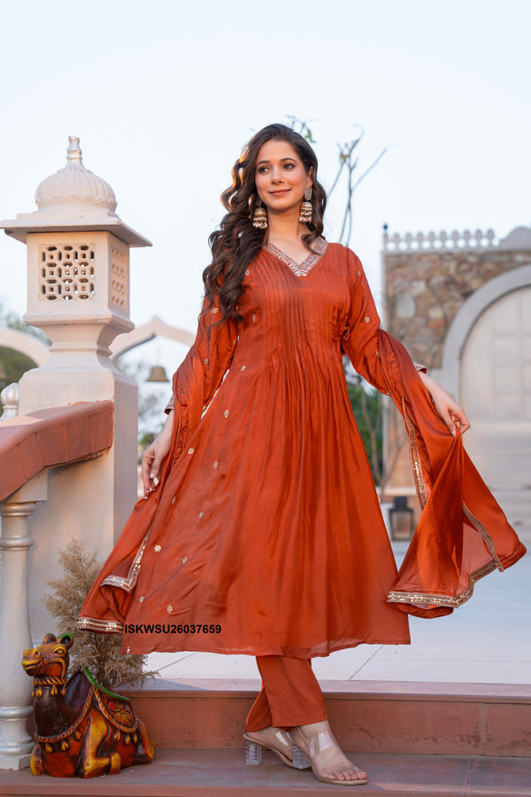 Embroidered Malmal Chanderi Flared Kurti With Pant And Dupatta-ISKWSU26037659